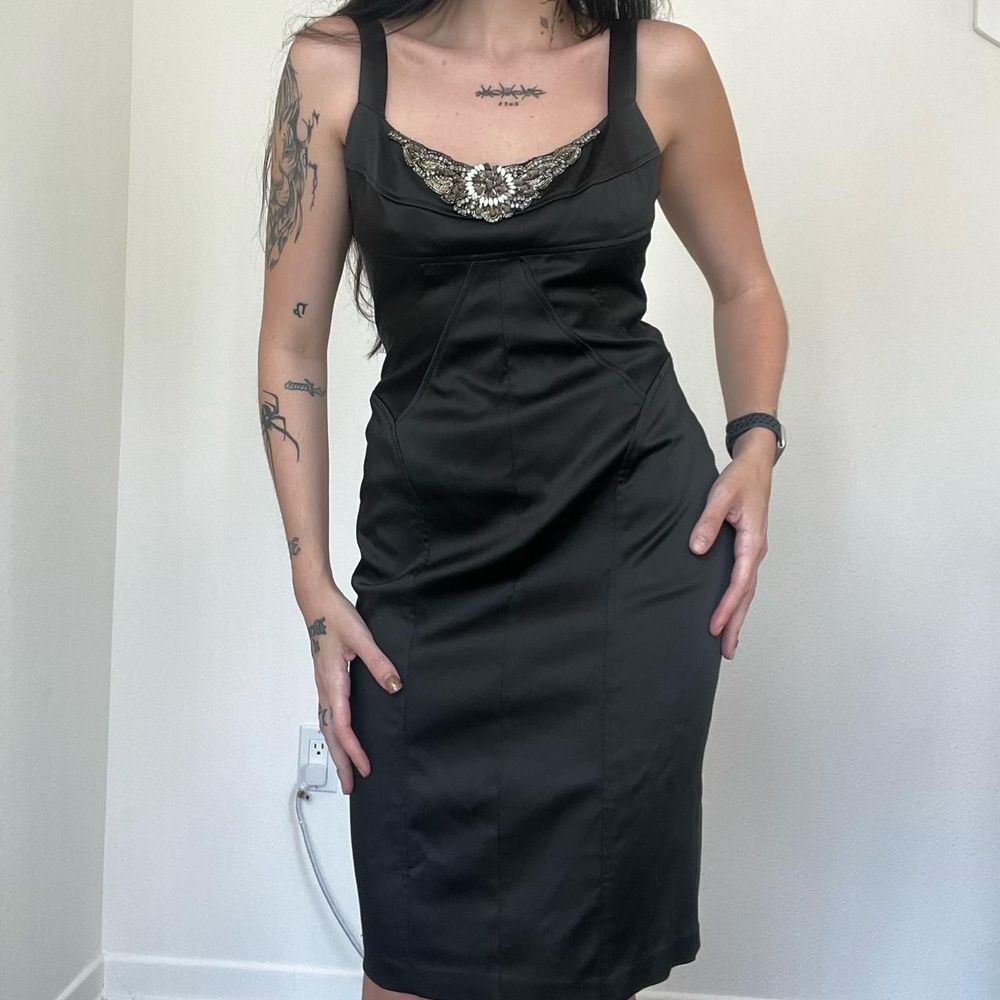 black embellished David Meister slim fitted midi cocktail dress